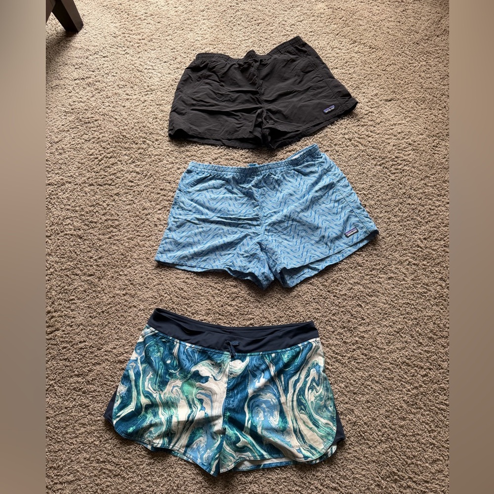 Patagonia Women’s Athletic Shorts Trio - Black, Light Blue, Teal Marble
